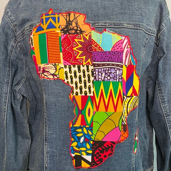 Jean African Print Patchwork Denim Jacket Stretch Denim Jacket - Picture 3 of 6